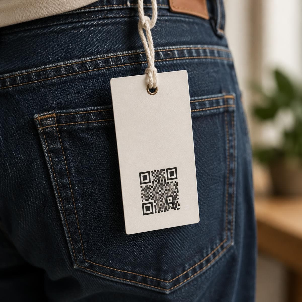 A swing tag with a QR code attached to a pair of navy jeans