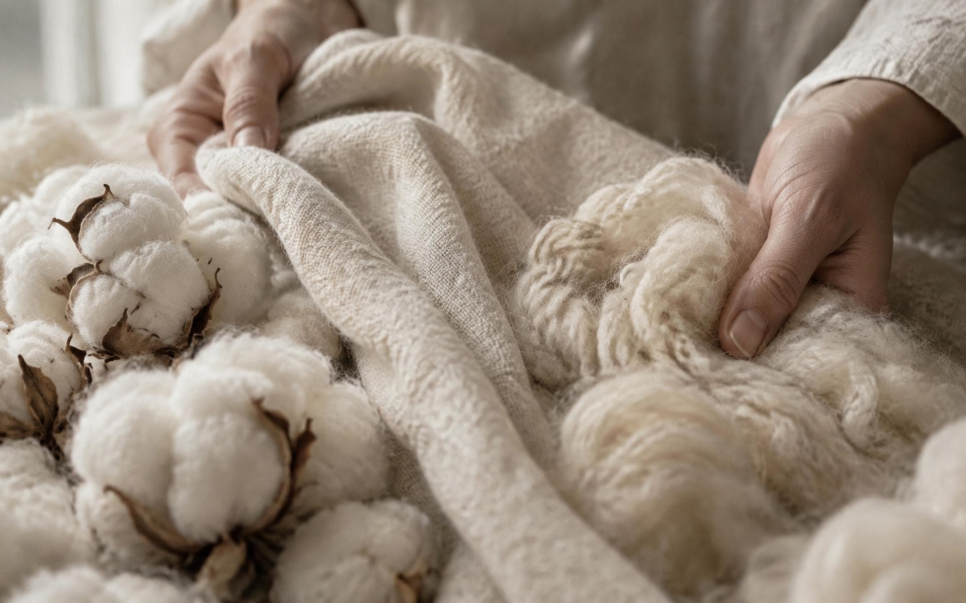 Hands lifting undyed cotton and wool fibres in soft daylight