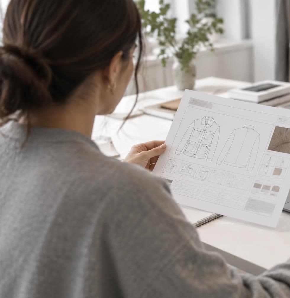 A product manager reading a printed technical specification